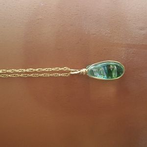 Gold Chain Blue & Green Glass Quartz Pendant